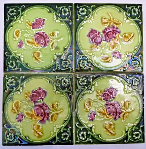 Antique Tile Majolica England Art Nouveau Porcelain Rose Purple 4 Pieces Set#13 Cover