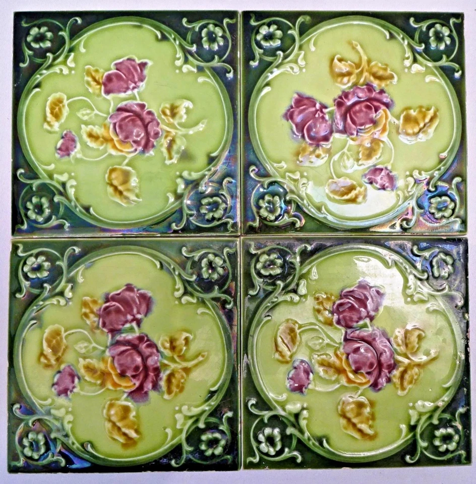 Antiguo Azulejo Mayólica Inglaterra Art Nouveau Porcelana Rosa Púrpura Juego de 4 Piezas #13 Foto 1 de 4