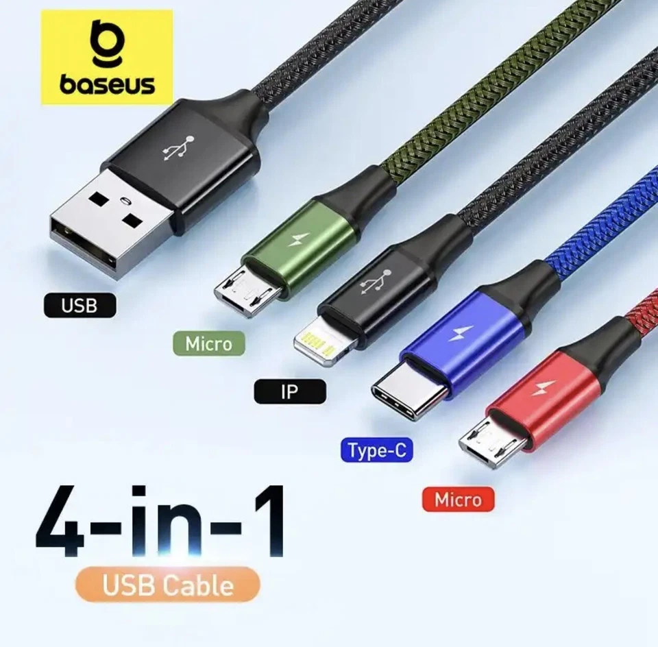 Baseus 4 in 1 USB Data Sync Fast Charging Cable 120  CM For Cellphone Universal - Image 1 of 4