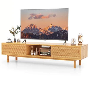63" Bamboo TV Stand w/ 3 Storage Cubes Sliding Doors Mid Century Storage Cabinet - Picture 1 of 11