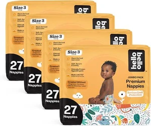 HELLO BELLO SIZE 3 NAPPIES 6-11KG PACK OF 108 BABY NAPPIES HYPOALLERGENIC - Picture 1 of 8