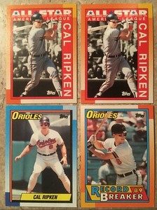 CAL RIPKEN JR 1990 Topps #570 Record Breaker #8  All-Star #388 Orioles Lot of 4