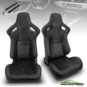 2x Universal Black PVC Leather Line Left/Right Fabric Fabric Racing Seats Pair - Picture 1 of 9