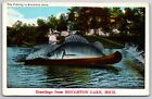&quot;Fishing is Excellent&quot; in Houghton Lake MI~One Exaggerated Fish Per Canoe~1920s