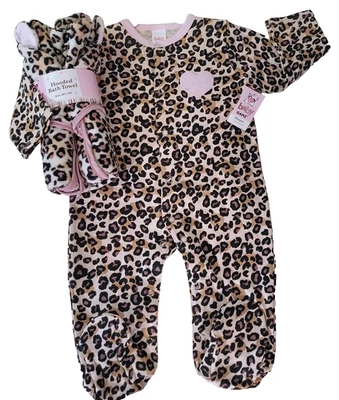 Juego de regalo de 2 piezas con estampado de leopardo con patas de bebé y toalla con capucha 0-6 Mos Foto 1 de 4