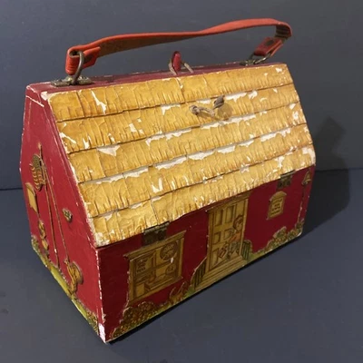 Decorado a mano de colección. Cartera/caja de almuerzo Decoupage School House años 60 coleccionable Foto 1 de 4
