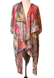 Chico's S/M Sheer Multi Print Paisley Open Waterfall Front Kimono Ruana Wrap - Picture 1 of 6