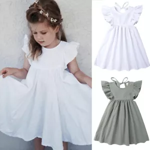Kids Little Girl Dress Short Flared Sleeves Back Lace Up Solid Color Dress Skirt - Picture 1 of 13