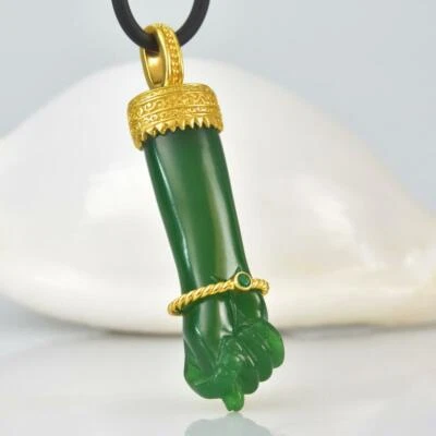 Gold Vermeil Sterling Mano Fico Figa Anhänger Geschnitzt Chalzedon Smaragd 9.22 - Bild 1 von 4