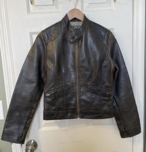 Faux Leather Motorcycle Jacket ME JANE Zip Up Women’s Medium Brown - Picture 1 of 14