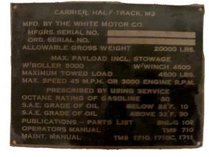 WWII Original Not Used Ok’d Stock HALF TRACK MAIN DASH DATA PLATE M3 - Picture 1 of 1