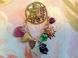 Grape Clusters Vines Hearts Sun Charm Pin Brooch~Wine Lover Gift~1.5 X 3.5"~EXC!
