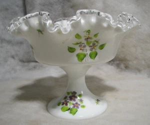 Fenton Art Glass, Dish on pedestal, Violets in the Snow, Spanish Lace Hand Paint - Picture 1 of 6