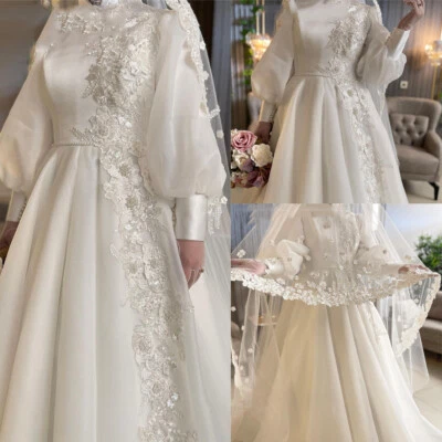 Muslim Chiffon Wedding Dresses Long Sleeves Lace Appliques A-Line Bridal Gowns - Image 1 of 4