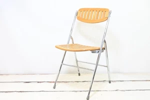 Vintage MidCentury Wood Slat Folding Chair Chrome Frame Made in Beijing - Picture 1 of 14