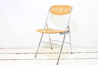 Vintage MidCentury Wood Slat Folding Chair Chrome Frame Made in Beijing - Image 1 of 4