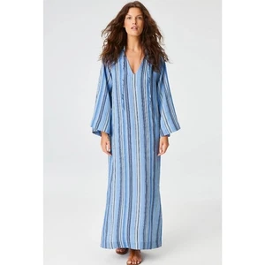 Lisa Marie Fernandez The Tunic Caftan In Sea Striped Linen Blue Maxi Dress NWT 0 - Picture 1 of 10