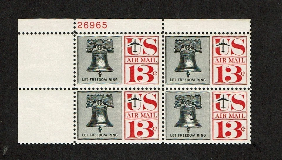 1961 U.S AIRMAIL CLASSIC 13c LIBERTY BELL  Plt # Blk of 4 Sc#C62 M/NH/OG Fresh!^ - Image 1 of 1