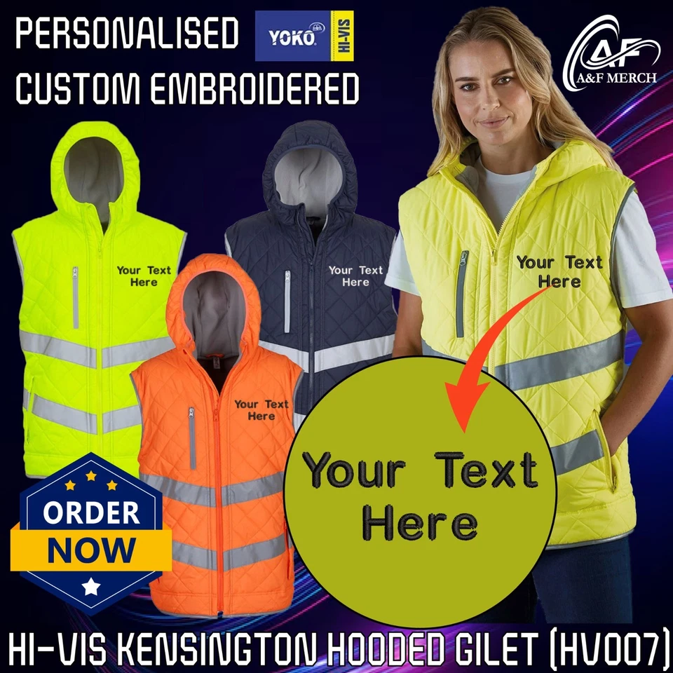 Personalised Embroidered Hi Vis Kensington Hooded Gilet Safety Workwear YK026 - Image 1 of 1
