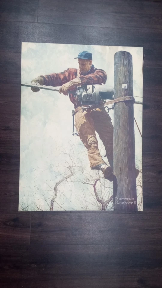 Colotipo de liniero telefónico Norman Rockwell Arthur Jaffe años 40 31-3/4 x 23-5/16 Foto 1 de 4