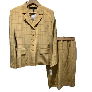 Kasper ASL Skirt Suit 100% Brushed Silk Career Blazer Houndstooth Plaid Yellow - Picture 1 of 15