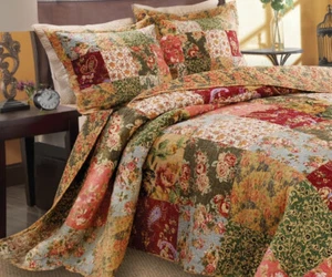 JUEGO DE 3 COLCHAS PARCHES XXL COUNTRY FARMHOUSE: ROJO VERDE ANTIGUO VINTAGE - Imagen 1 de 5
