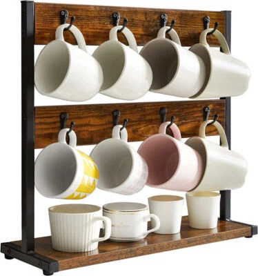 Retro Wood Tabletop Coffee Mug Holder Stand Cup Storage with 16 Hooks Hangers UK - Image 1 of 4