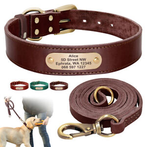Personalized Genuine Leather Dog Collar and Leash set Luxury Large Wide Collar