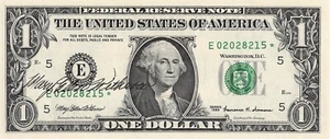 1999 E star note with signature Richmond district E02028215* one dollar bill dc - Picture 1 of 2