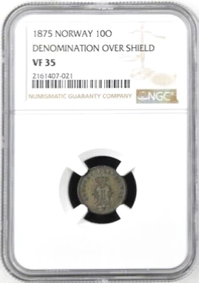1875 Norway 10 Ore, NGC VF 35, KM-350, Key Date, Denomination Over Shield - Image 1 of 2