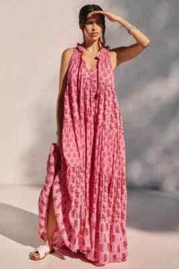 Maxi Vestido Ro’s Garden Sofia Anthropologie Encubrimiento en Niveles Solero Rosa Talla S NUEVO - Imagen 1 de 8