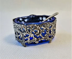 Vintage Oval Ornate Sterling Silver Salt Cellar Cobalt Blue Glass Liner 935 - Picture 1 of 10