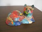 VINTAGE  CAT MADE FROM PLASTER OF PARIS WITH GLASS EYES- COVERED WITH  MATERIAL