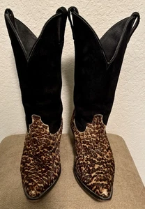 Code West Cowboy Boots Black Suede Ponyhair Leopard Print Women’s Size 6 1/2 M - Picture 1 of 24