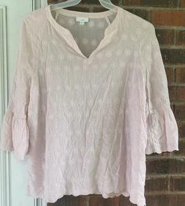 J. Jill Tonal Embroidered Baby Pink Ruffle Sleeve Semi Sheer Tunic Top Medium - Picture 1 of 6