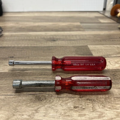 Herramienta de mano vintage Vaco hecha en EE. UU. S87 1/4" y RITCO 3/8" tuerca destornillador mango rojo Foto 1 de 4