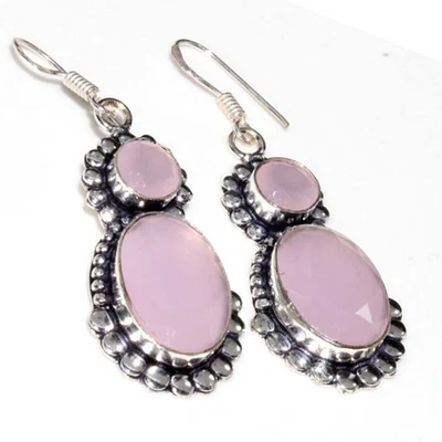 Pink Chalcedony 925 Silver Plated Handmade Earrings 2.2" Exquisite Gift GW - Image 1 of 3