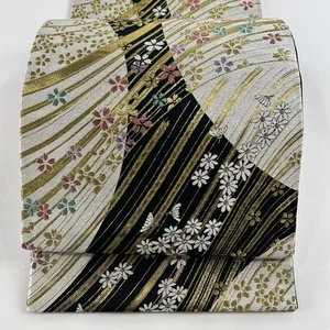 Kimono Obi Bag-Folded Silk Black Cherry Blossom Chrysanthemum Gold Thread - Picture 1 of 5