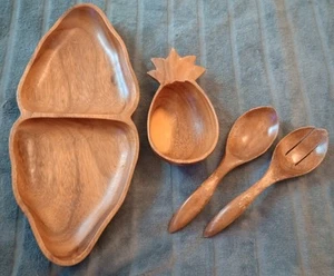 Vintage MCM Carved Monkey Wood Snack Tray, Pineapple, & Utensils - Picture 1 of 13