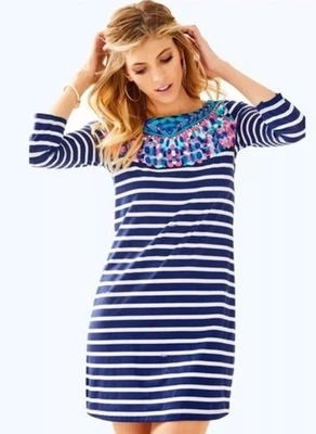 Vestido para mujer Lilly Pulitzer Bay brillante azul marino isla medallón rayas talla L Foto 1 de 4