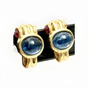 VTG Clip Earrings PARIS Gold Tone Multi Color Cabochon Stones 80s Style - Picture 1 of 12
