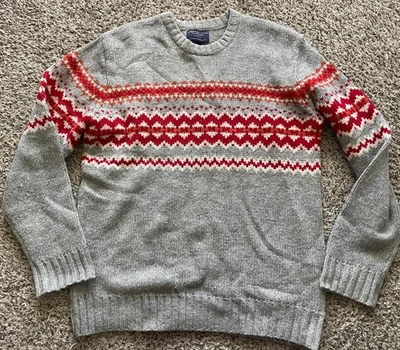 Suéter American Eagle Fair Isle Para Hombre Grande Gris Rojo 100% Lana de Cordero De Colección Foto 1 de 4