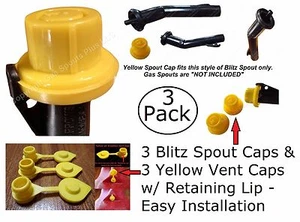 6pcs total NEW Combo Pk 3 BLITZ Yellow Spout Caps +3 YELLOW GAS CAN VENT CAPS - Picture 1 of 12