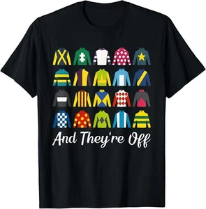 And They're Off Horse Derby Day Racing Funny Silks Jockey T-Shirt - Picture 1 of 5