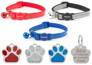 Cat Collar Ancol Reflective Gloss, Red, Blue Or Silver With 27mm Glitter Id Tag - Picture 1 of 4