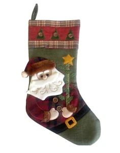 Vintage Santa Christmas Stocking Rustic Burlap Buttons 3D Layered Holiday Décor - Picture 1 of 8