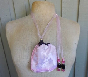 Reversible Black Velvet Pink Rosebud Floral Satin Drawstring Necklace Bag Pouch - Picture 1 of 8