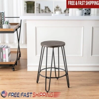 Backless Counter Stool Round Wood Seat Solid Steel Base Kitchen Bar Furniture US - Image 1 of 4