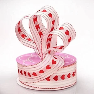 Red Hearts On White With Silver Stripes Ribbon - 1 1/2" X 25 Yards (56121702) - Picture 1 of 1