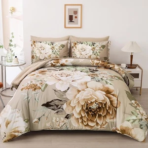 Floral Bed in a Bag 7-teiliges taupe Bettdecken-Set Queen, Khaki Blumen Grün Le... - Bild 1 von 5
